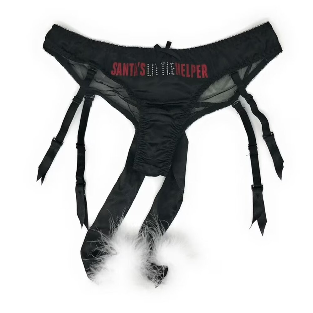 NEW! Victoria's Secret Santa's Helper Bikini Panty Garter Belt Black White Fur M